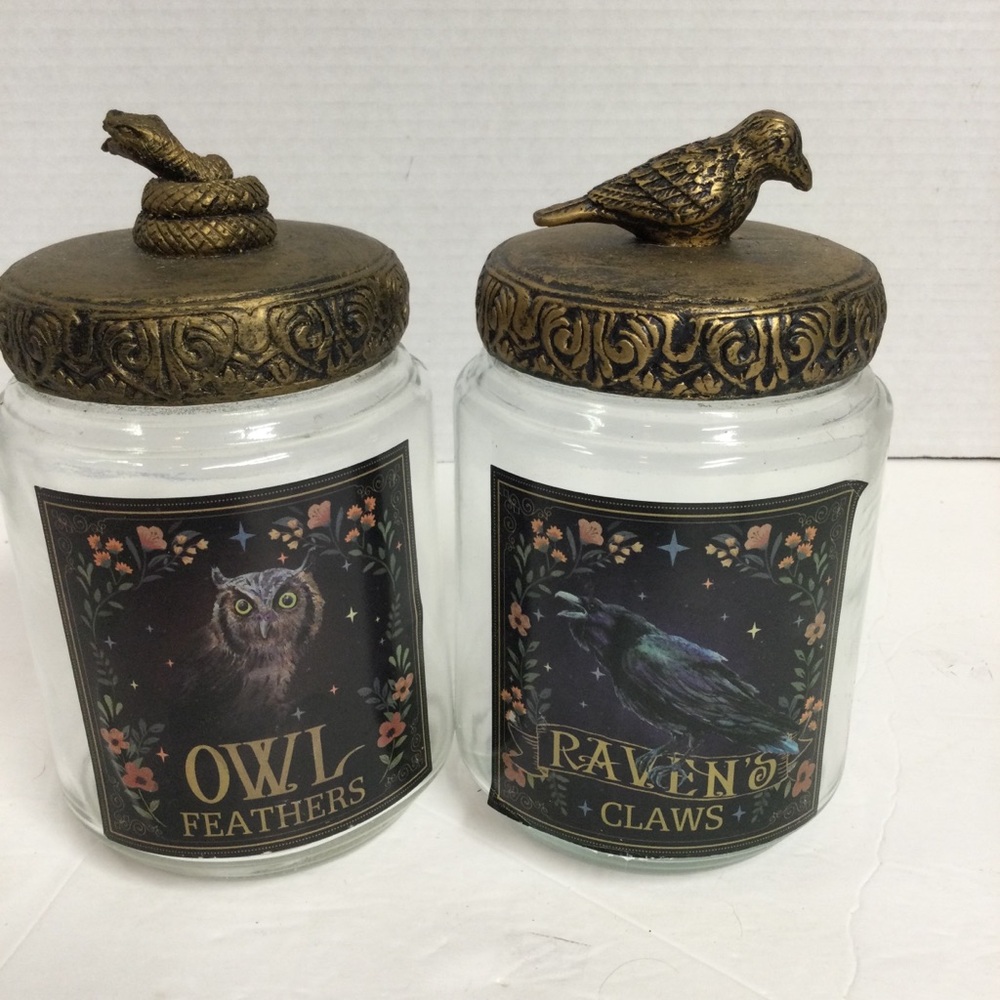 Ashland Halloween Enchanted forest Glass Jars with Gold Accents Raven/Owl NWT